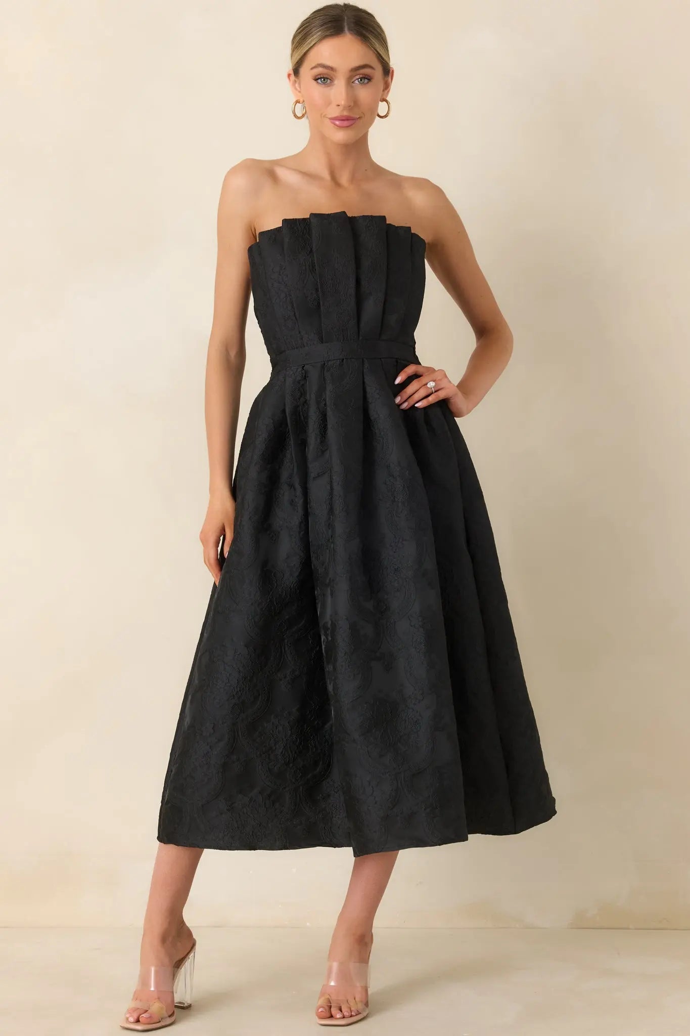 Women's The Genevieve Black Jacquard Strapless Midi Dress | 82% Polyester 7