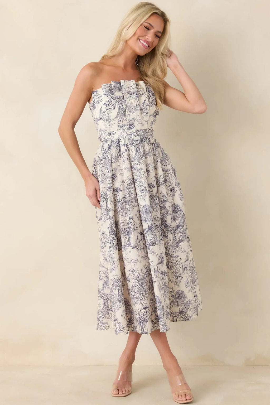 Women's The Genevieve Cotton Navy Blue Toile Strapless Midi Dress | 100% Cotton 2