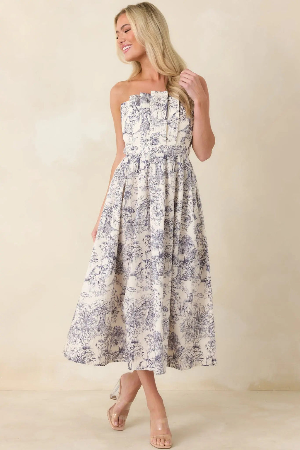 Women's The Genevieve Cotton Navy Blue Toile Strapless Midi Dress | 100% Cotton 3