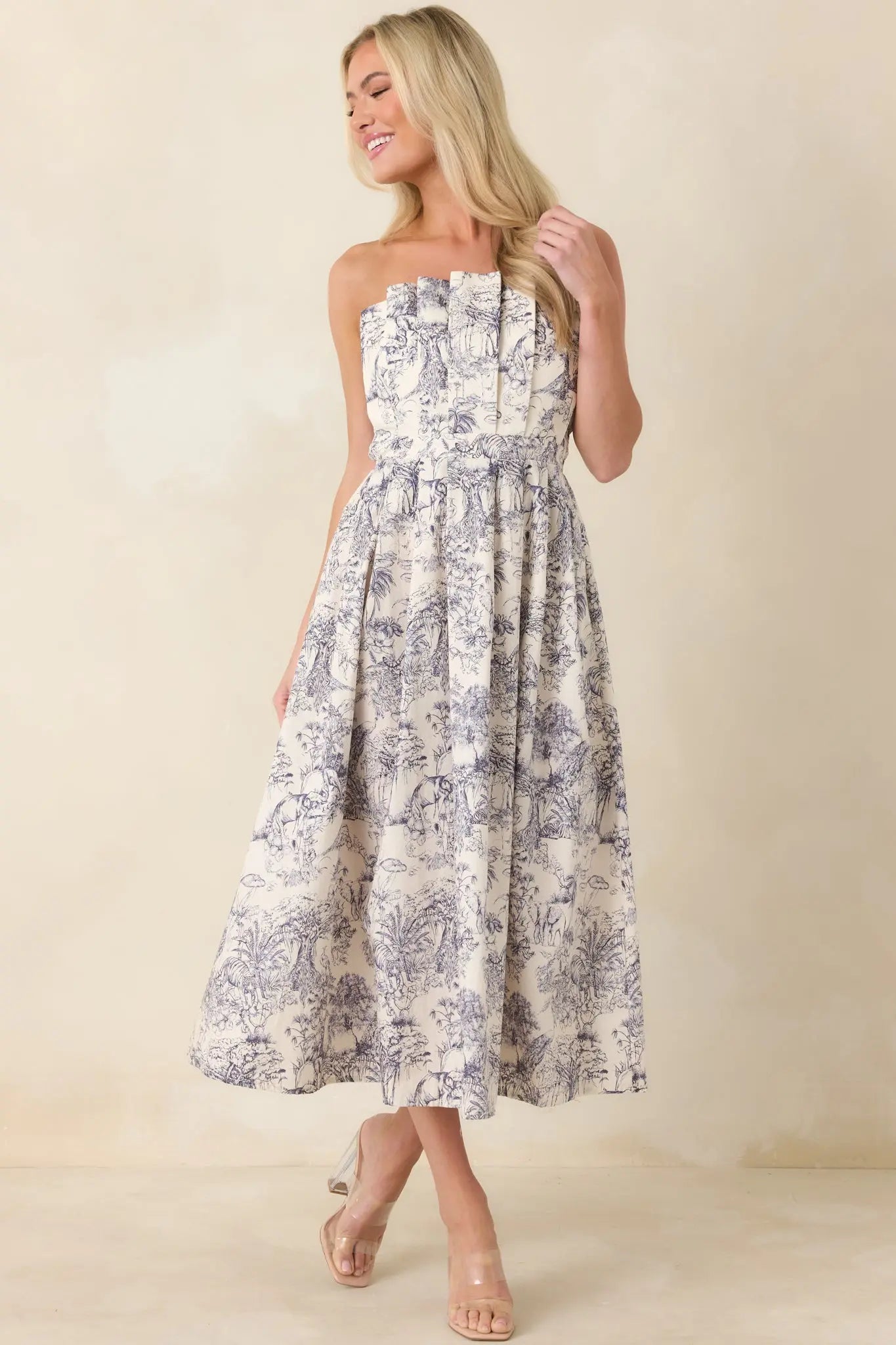 Women's The Genevieve Cotton Navy Blue Toile Strapless Midi Dress | 100% Cotton 3