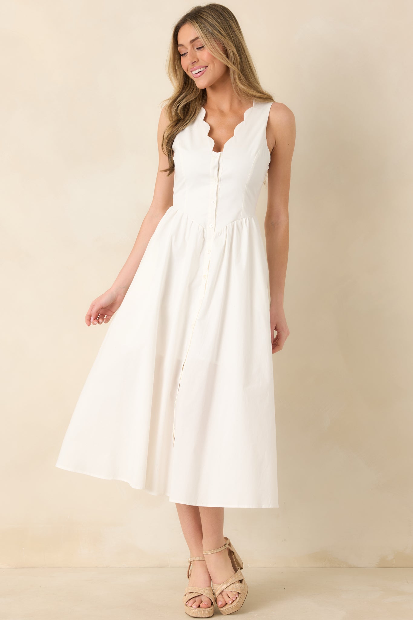 Women's The High Life White Cotton Scalloped V-Neck Midi Dress | 97% Cotton & 3% Spandex 0