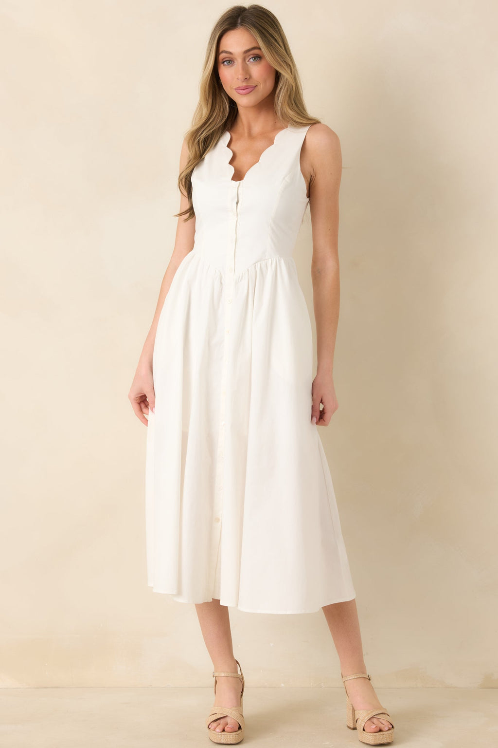 Women's The High Life White Cotton Scalloped V-Neck Midi Dress | 97% Cotton & 3% Spandex 2