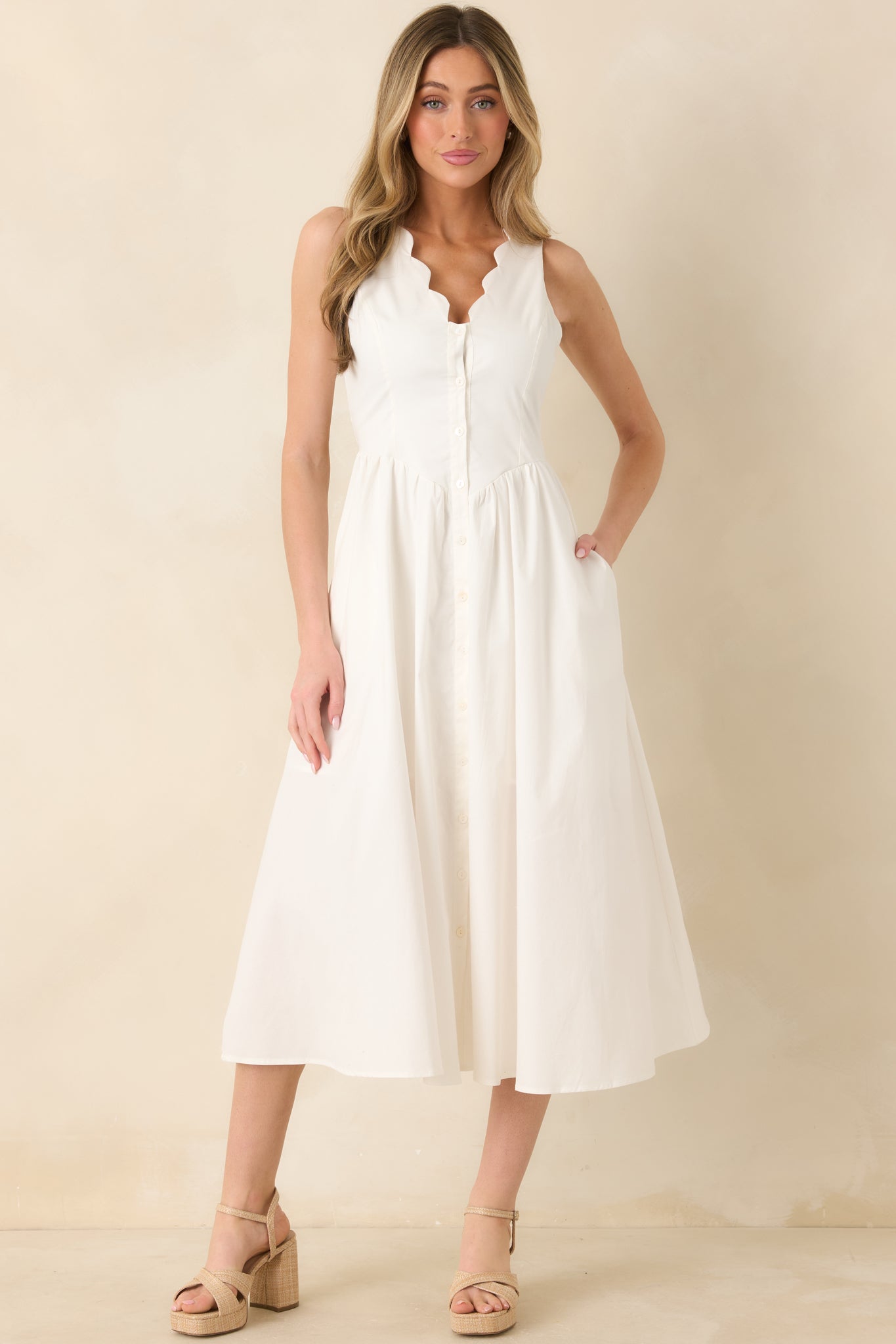 Women's The High Life White Cotton Scalloped V-Neck Midi Dress | 97% Cotton & 3% Spandex 3