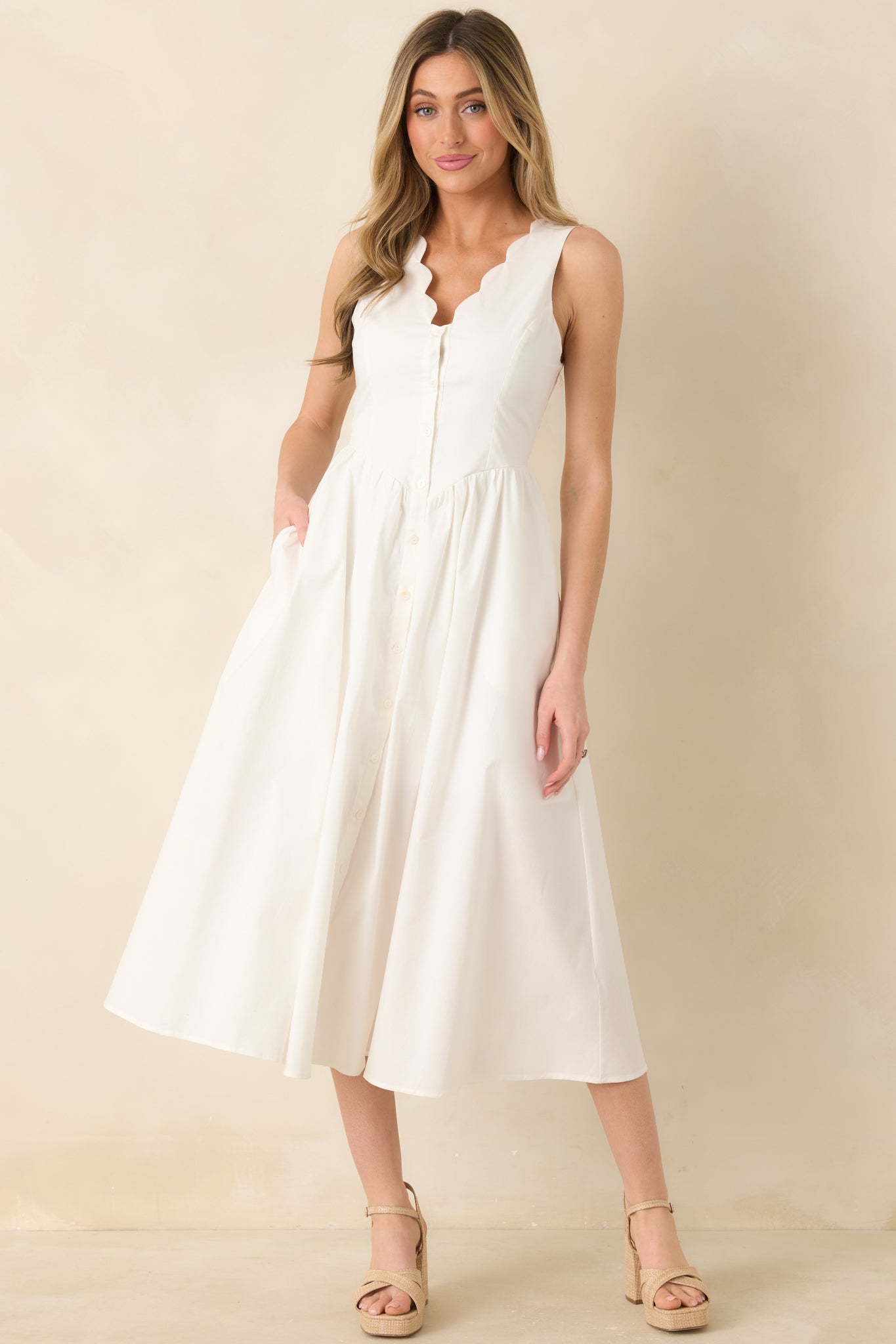 Women's The High Life White Cotton Scalloped V-Neck Midi Dress | 97% Cotton & 3% Spandex 4