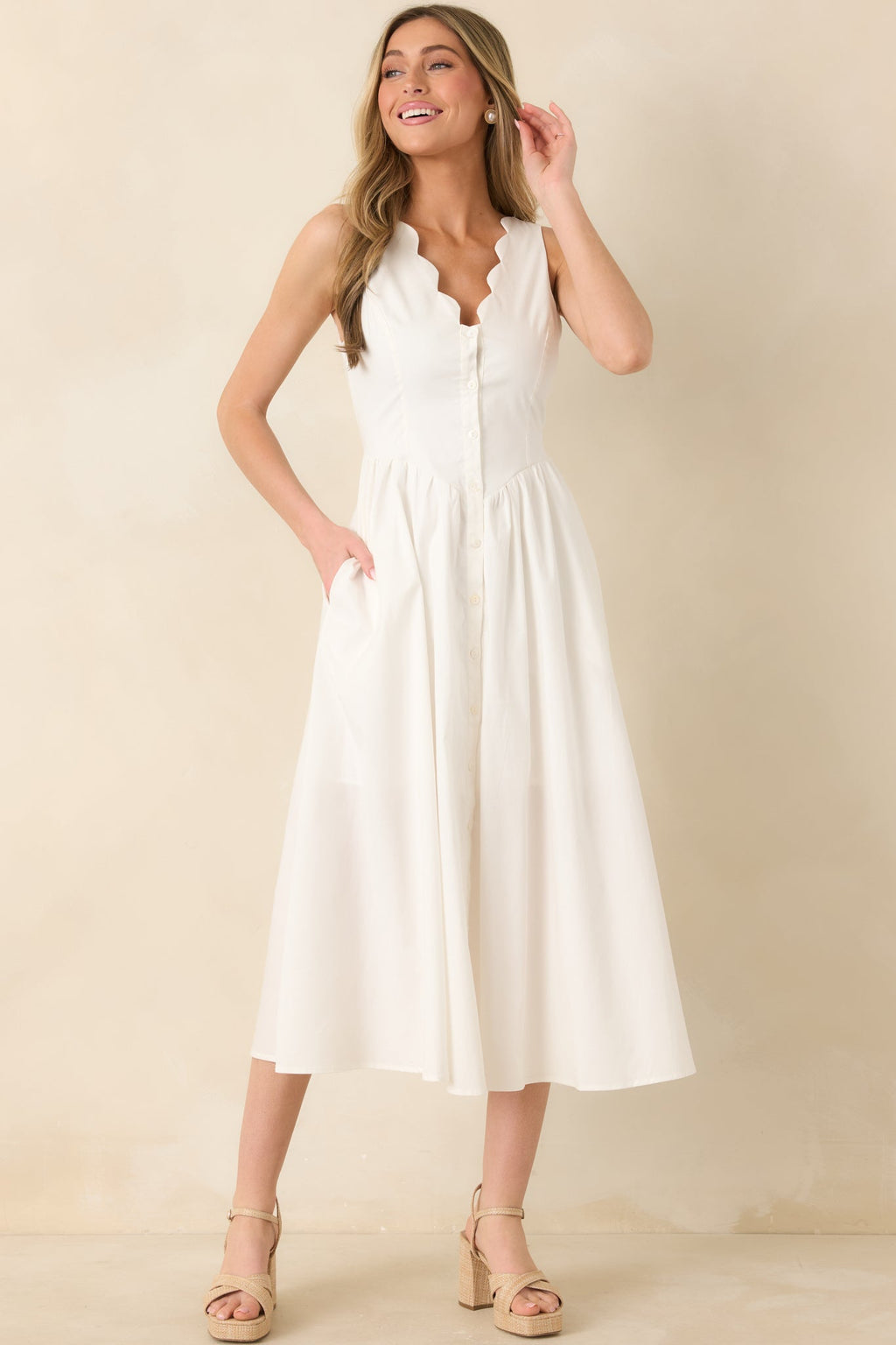 Women's The High Life White Cotton Scalloped V-Neck Midi Dress | 97% Cotton & 3% Spandex 5