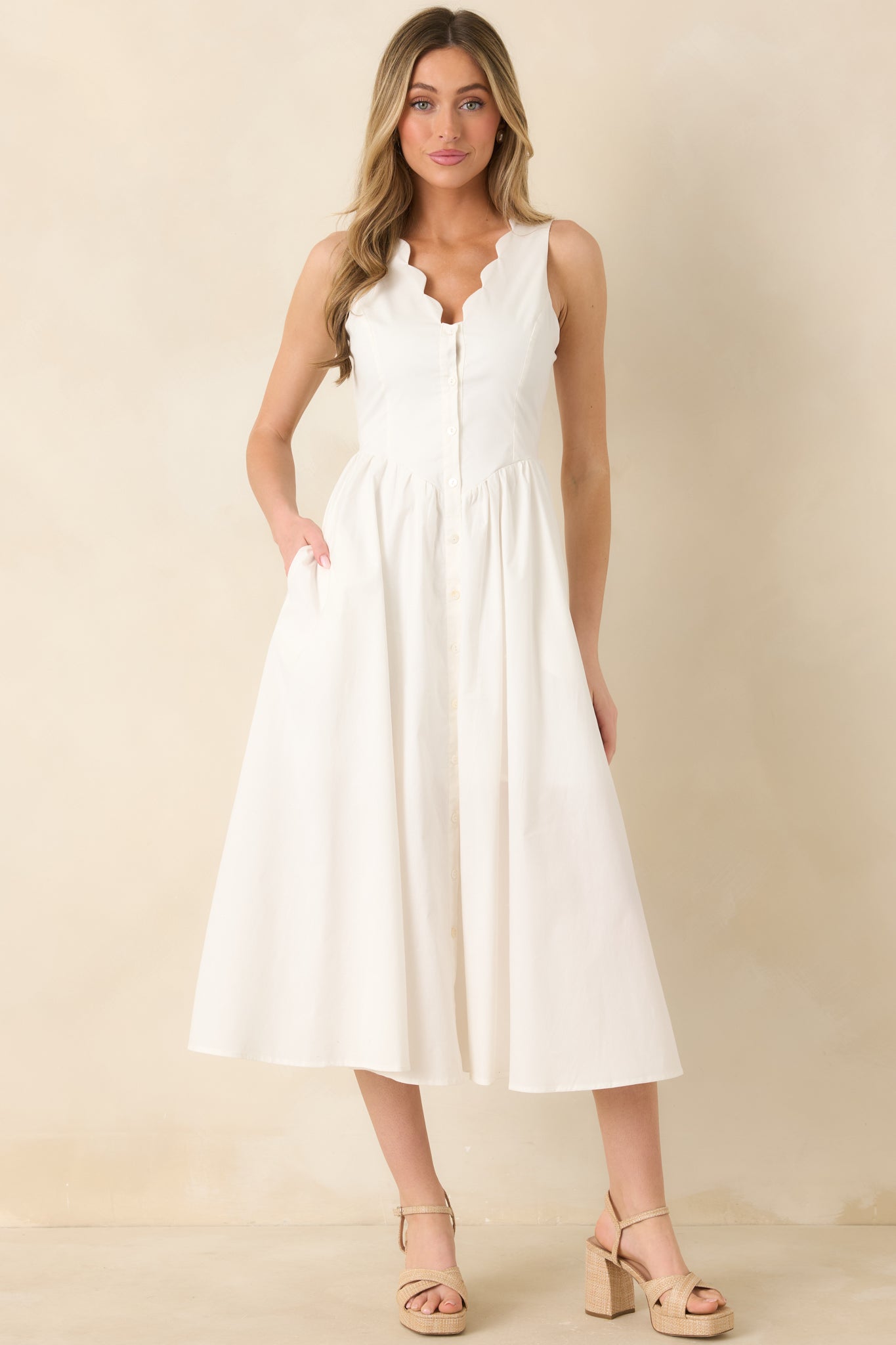 Women's The High Life White Cotton Scalloped V-Neck Midi Dress | 97% Cotton & 3% Spandex 6