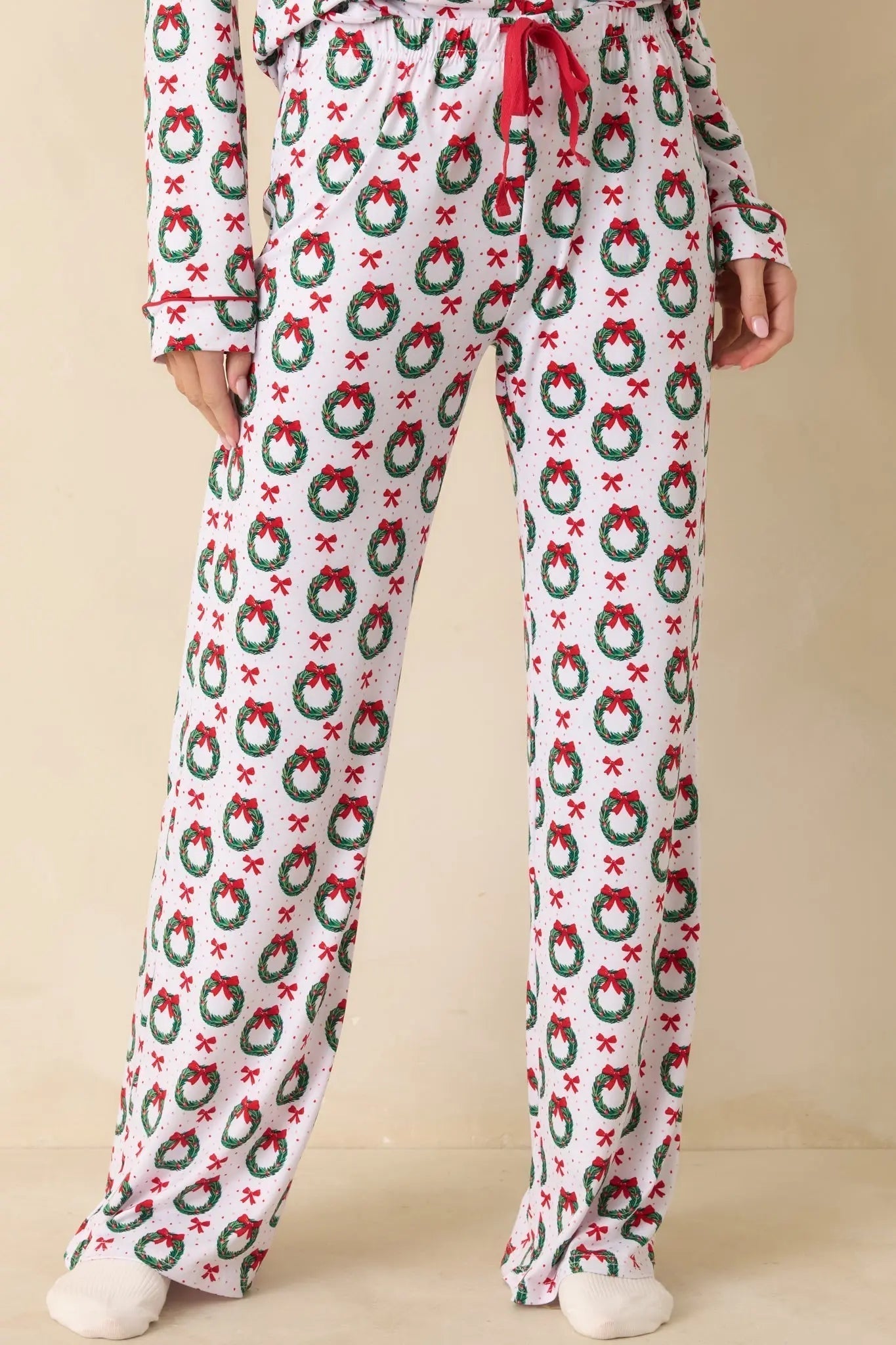 Women's The Merriest Thing White Multi Wreath Pajama Pants | 95% Polyester & 5% Spandex 2