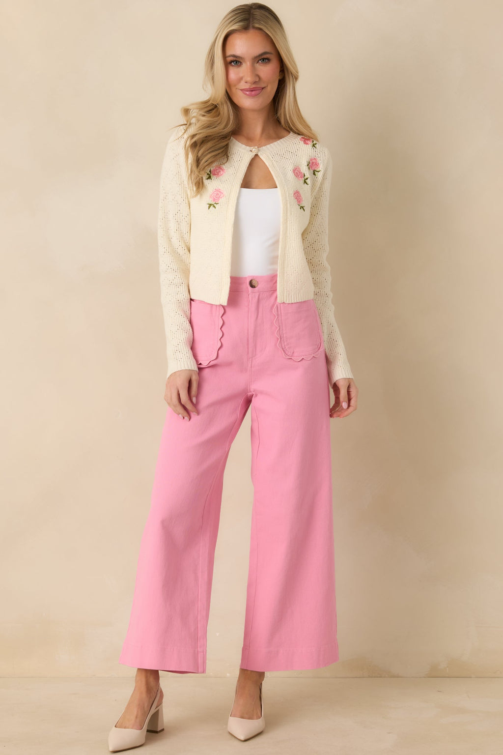 Women's The Primrose Parlour Ivory Knit Pink Rose Embroidered Cardigan | 50% Viscose 0