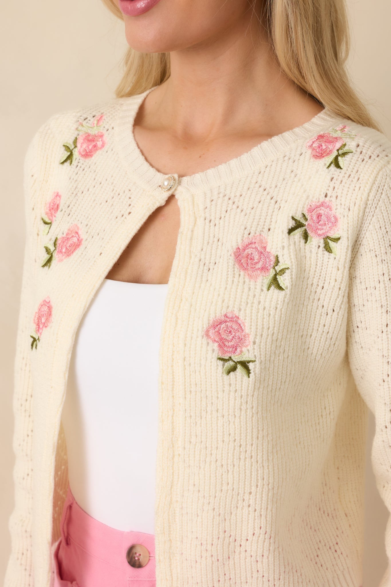 Women's The Primrose Parlour Ivory Knit Pink Rose Embroidered Cardigan | 50% Viscose 2