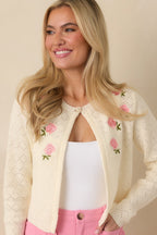Women's The Primrose Parlour Ivory Knit Pink Rose Embroidered Cardigan | 50% Viscose 3