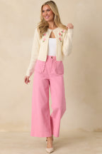 Women's The Primrose Parlour Ivory Knit Pink Rose Embroidered Cardigan | 50% Viscose 4