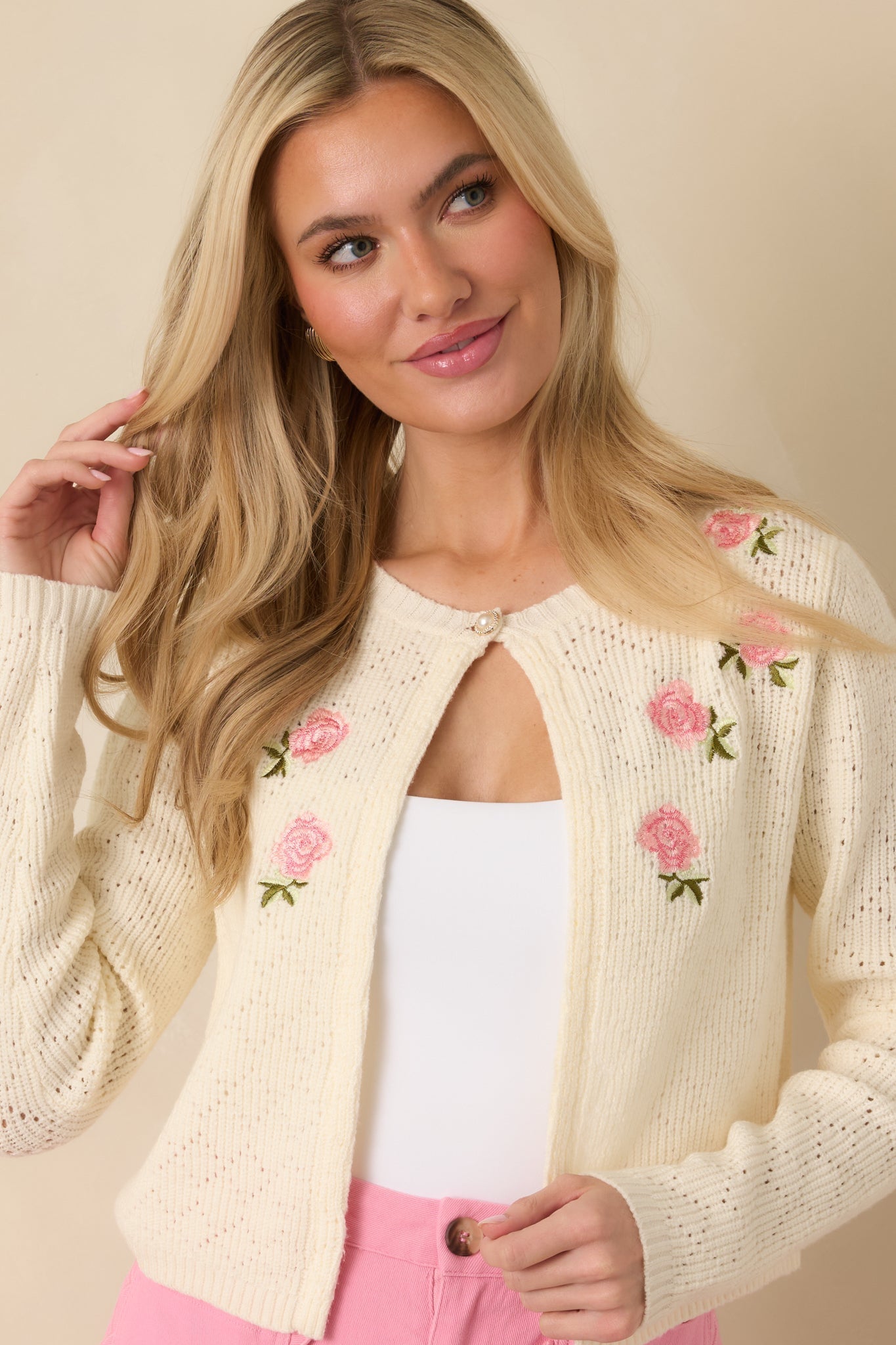 Women's The Primrose Parlour Ivory Knit Pink Rose Embroidered Cardigan | 50% Viscose 6