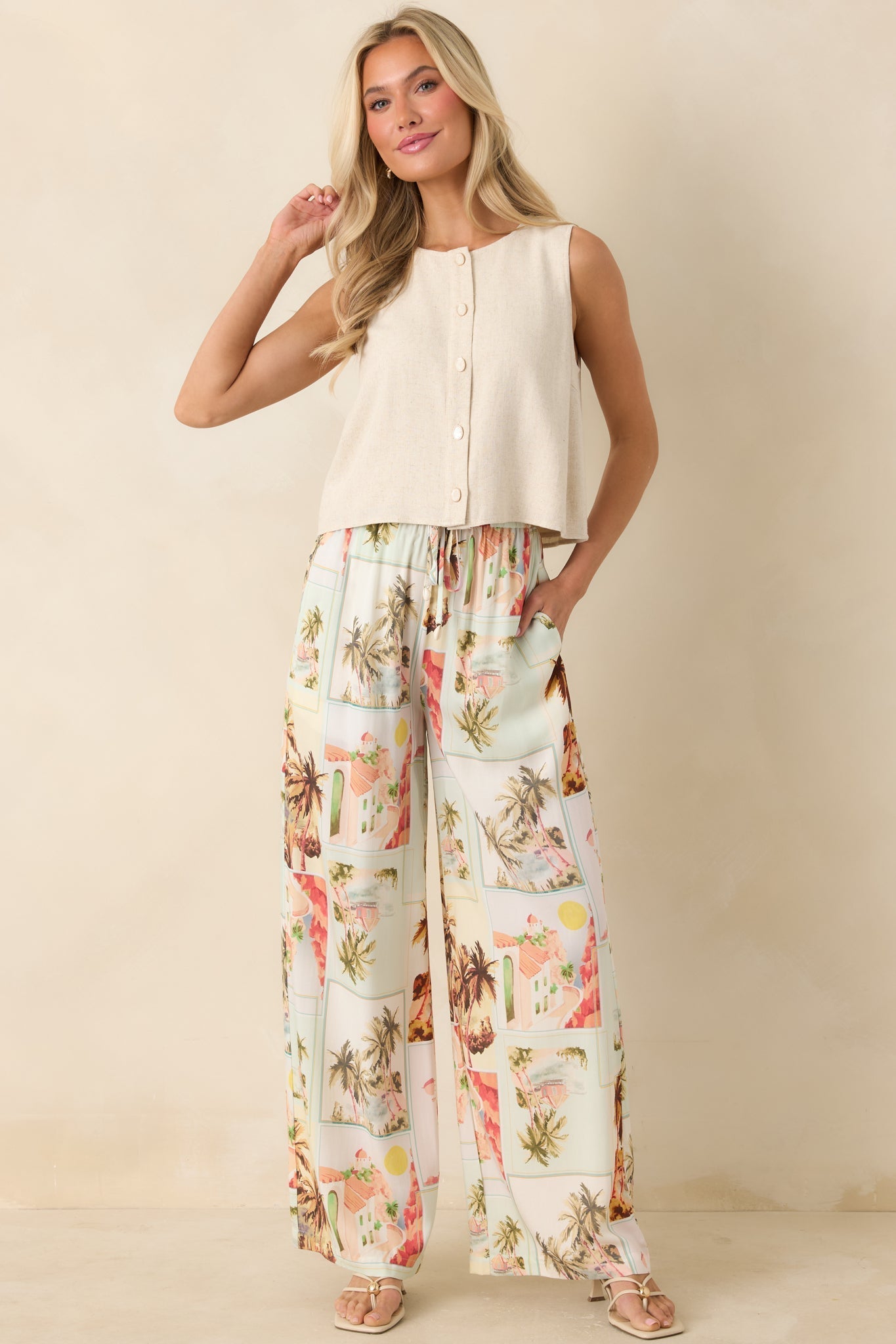Women's The Right Balance Natural Linen-Blend Sleeveless Button Up Top | 70% Viscose & 30% Linen 1