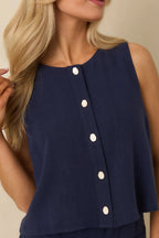 Women's The Right Balance Navy Linen-Blend Sleeveless Button Up Top | 70% Viscose & 30% Linen 1