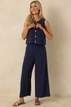 Women's The Right Balance Navy Linen-Blend Sleeveless Button Up Top | 70% Viscose & 30% Linen 2