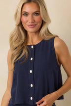 Women's The Right Balance Navy Linen-Blend Sleeveless Button Up Top | 70% Viscose & 30% Linen 5