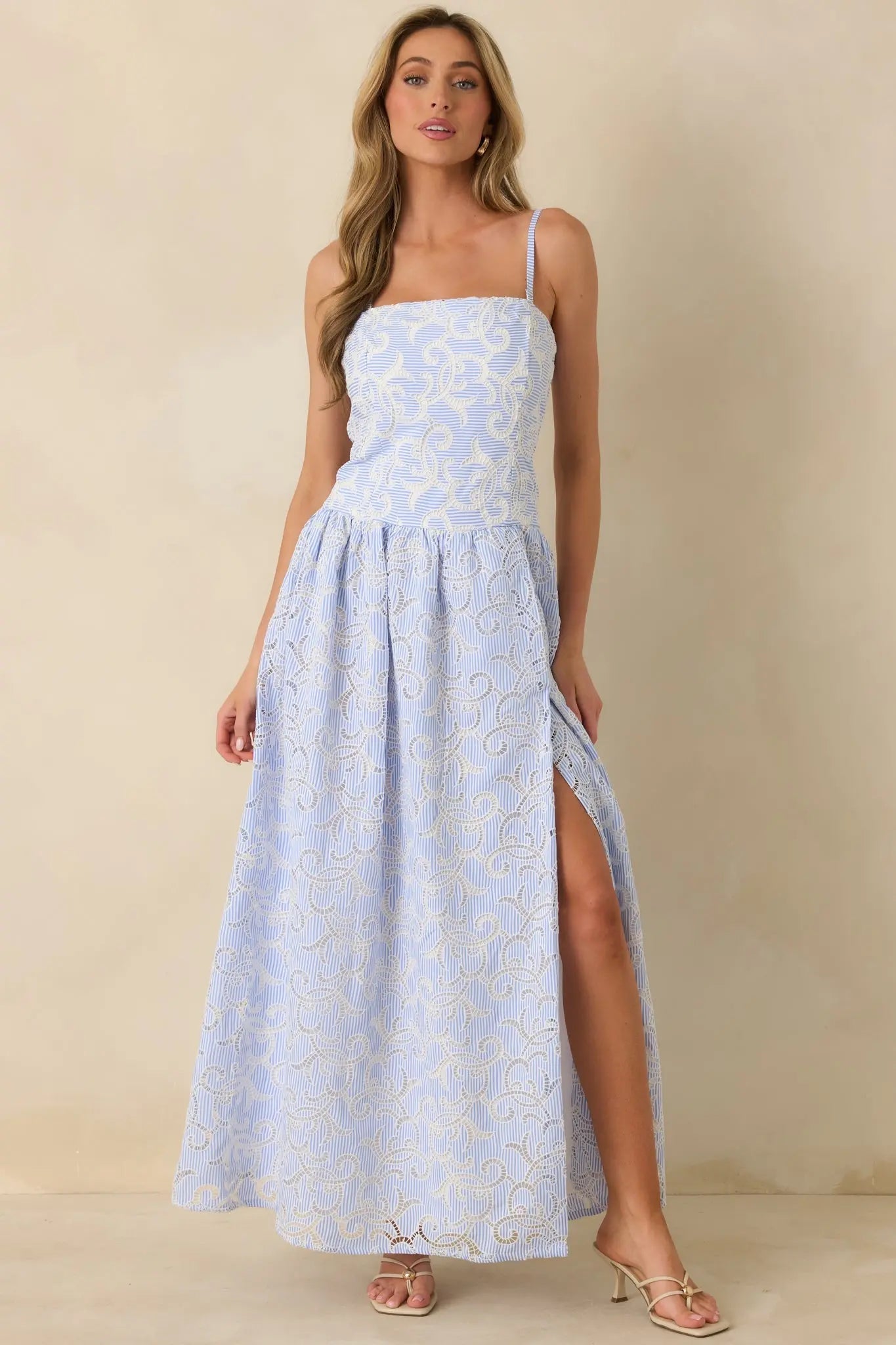 Women's The Space Between Blue Stripe Embroidered Eyelet Maxi Dress | 97% Polyester & 3% Spandex 5