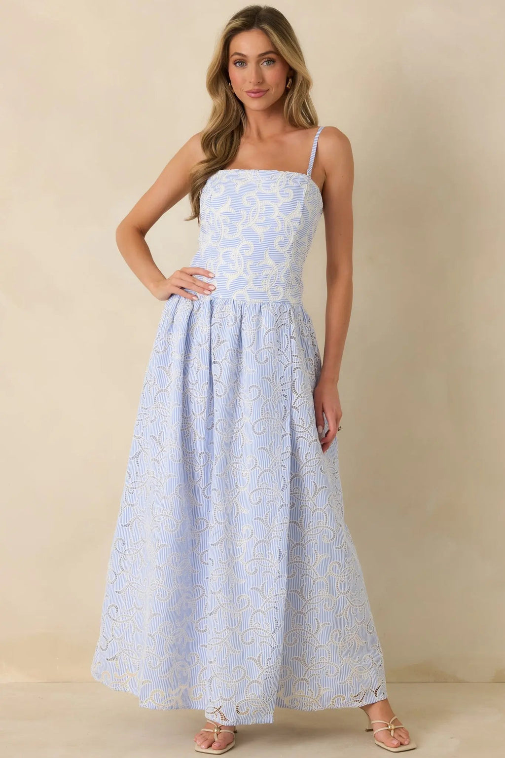 Women's The Space Between Blue Stripe Embroidered Eyelet Maxi Dress | 97% Polyester & 3% Spandex 6