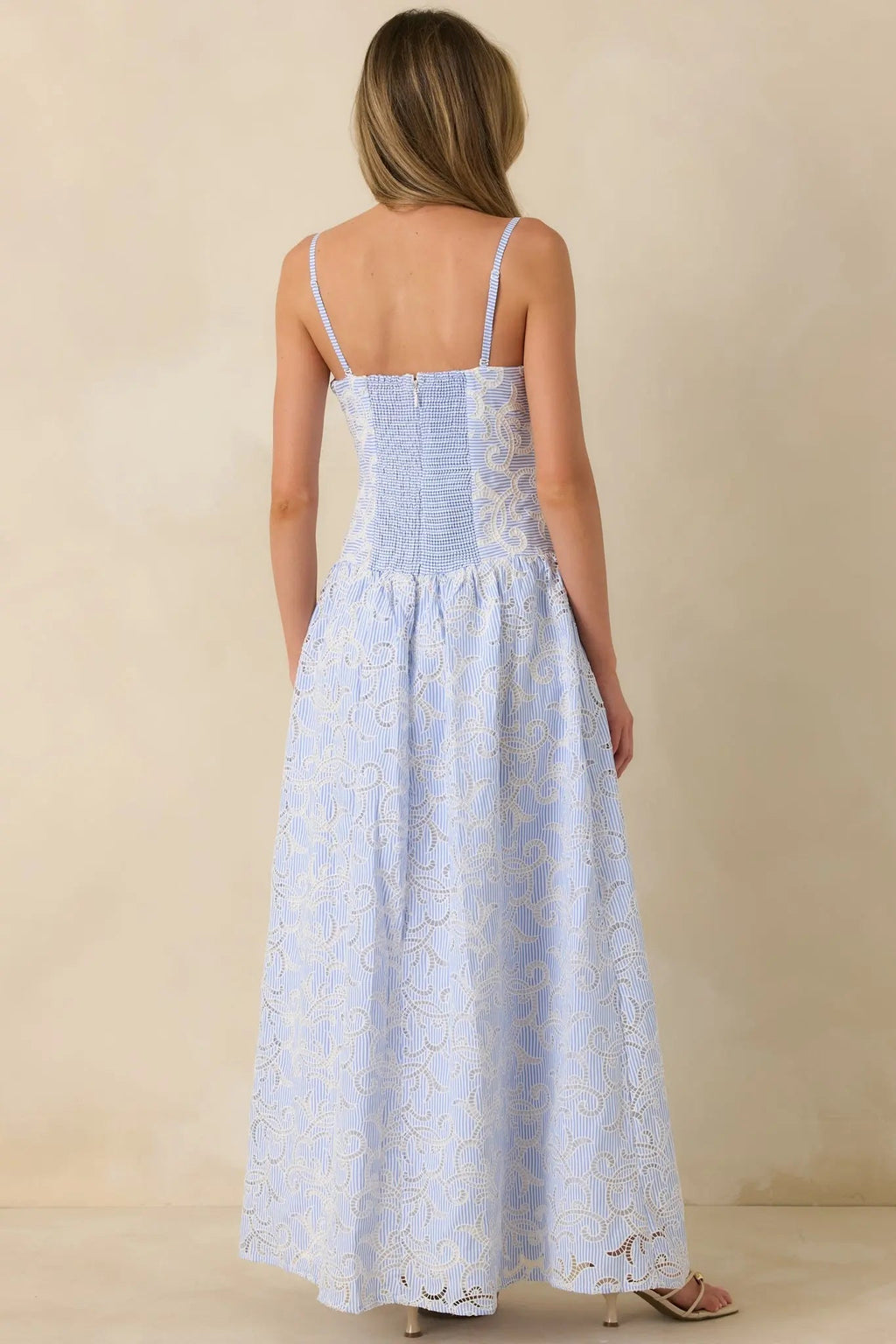 Women's The Space Between Blue Stripe Embroidered Eyelet Maxi Dress | 97% Polyester & 3% Spandex 7