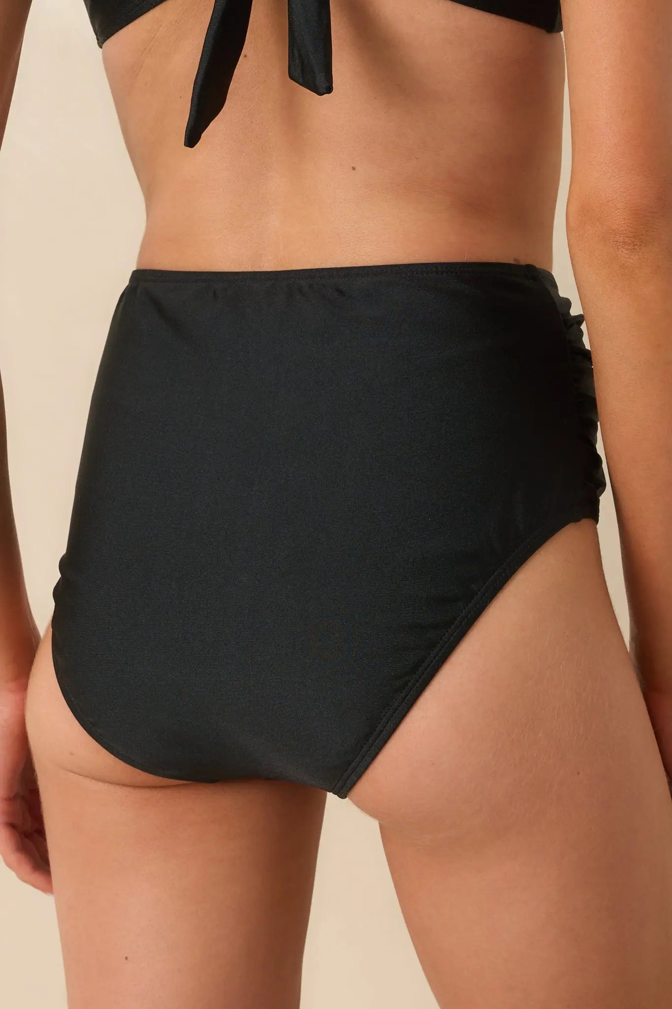 Women's The Sun Is Shining Black High Waisted Ruched Bikini Bottoms | 82% Nylon & 18% Spandex 4