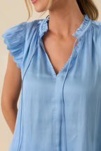 Women's The Way It Unfolded Blue Ruffle & Lace Trim V-Neck Blouse | 50% Recycled Polyester & 50% Polyester Contrast: 1 1