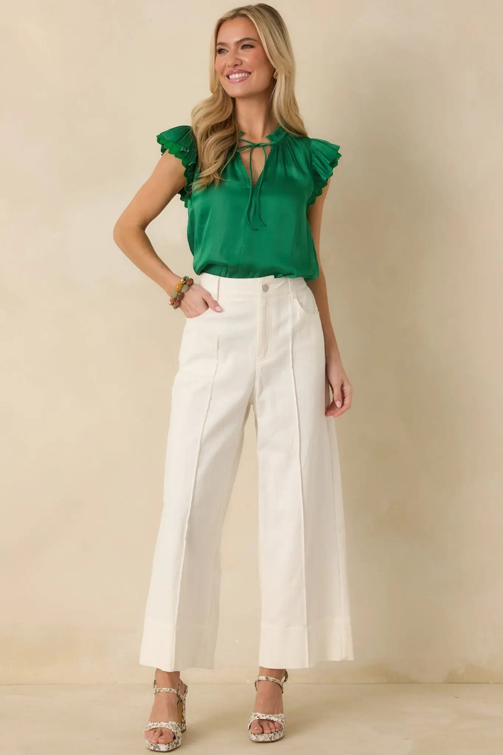 Women's The Way It Unfolded Green Ruffle & Lace Trim V-Neck Blouse | 50% Recycled Polyester & 50% Polyester Contrast: 1 4