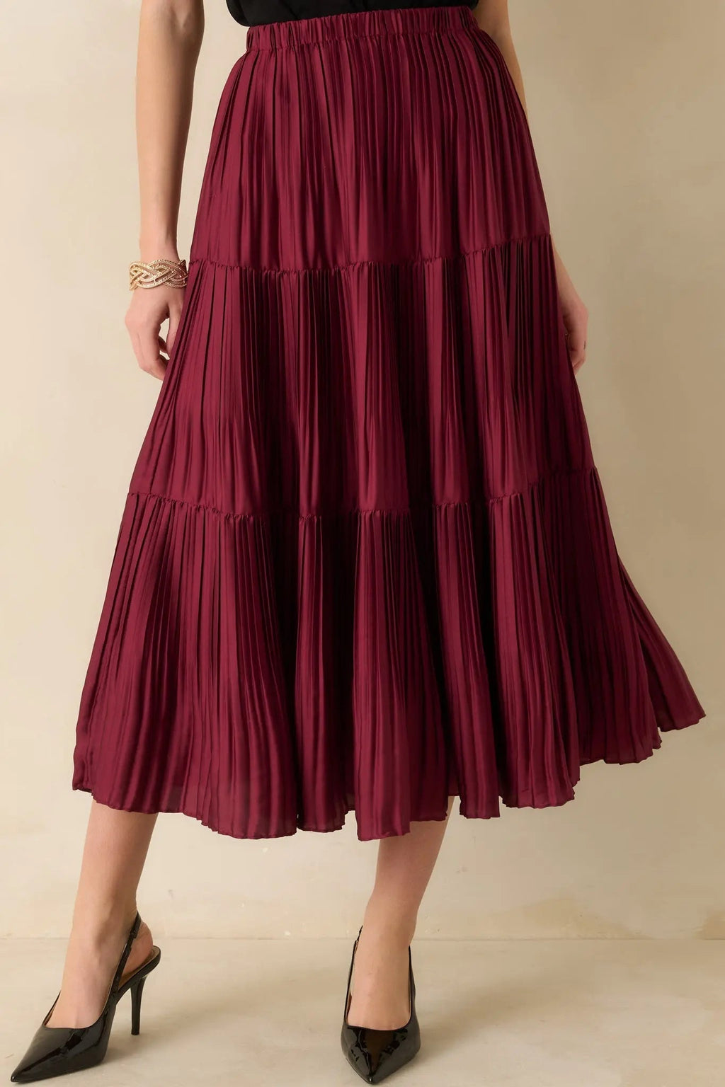 Women's This Feels Right Burgundy Tiered Pleated Midi Skirt | 100% Polyester 0