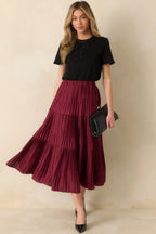 Women's This Feels Right Burgundy Tiered Pleated Midi Skirt | 100% Polyester 1