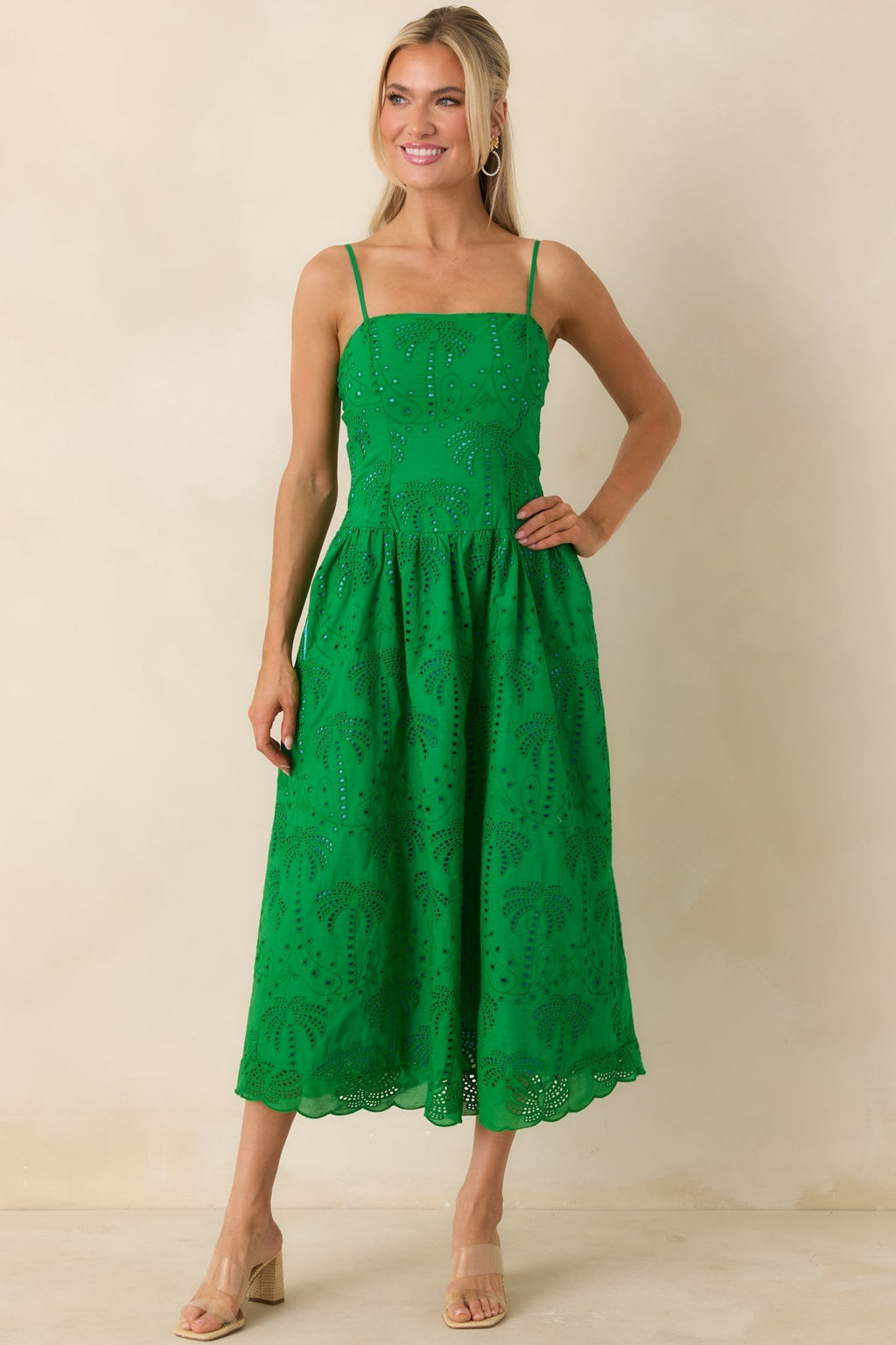 Women's This Is It Green Cotton Eyelet Sleeveless Midi Dress | 100% Cotton 2