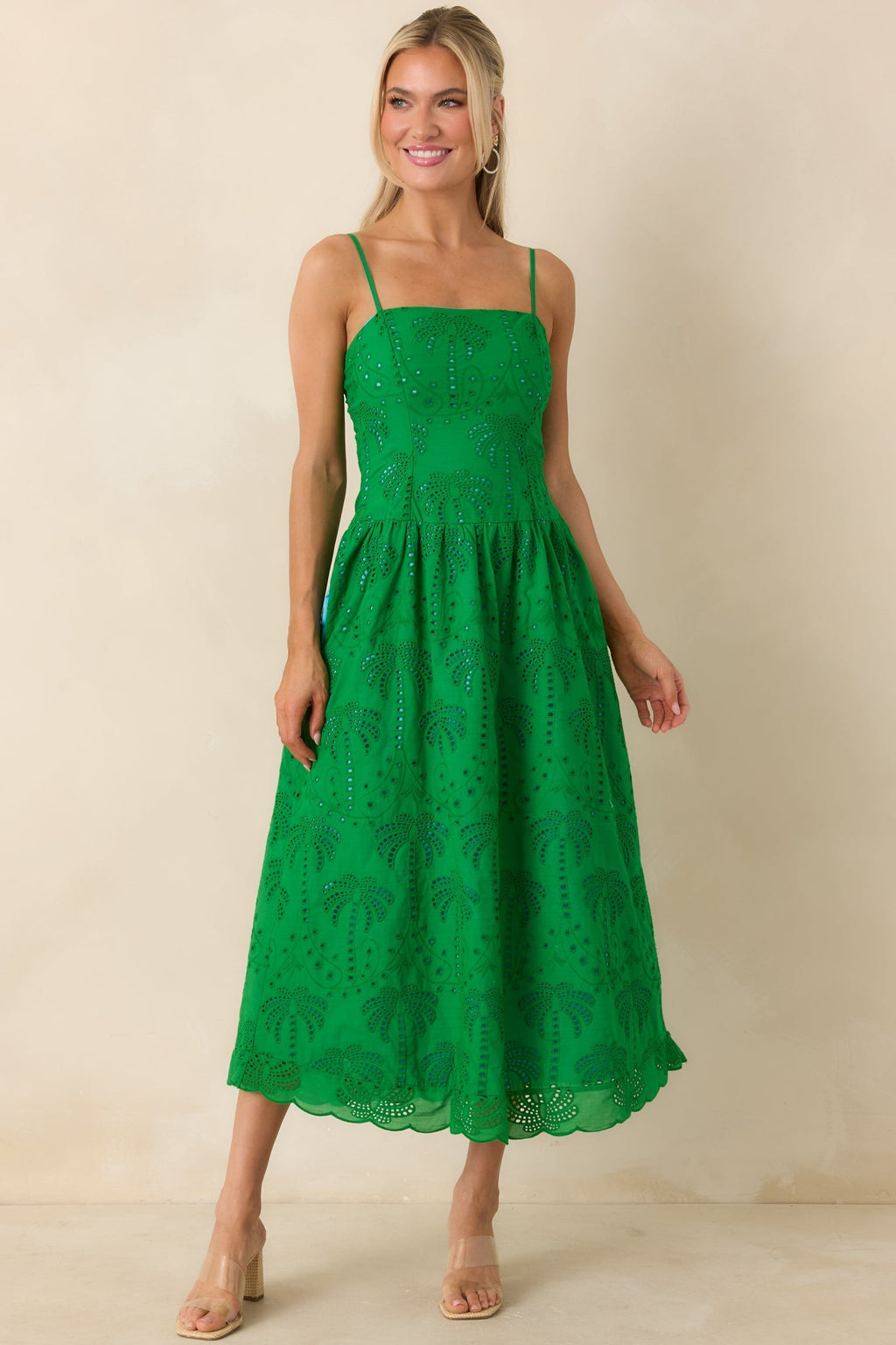 Women's This Is It Green Cotton Eyelet Sleeveless Midi Dress | 100% Cotton 3