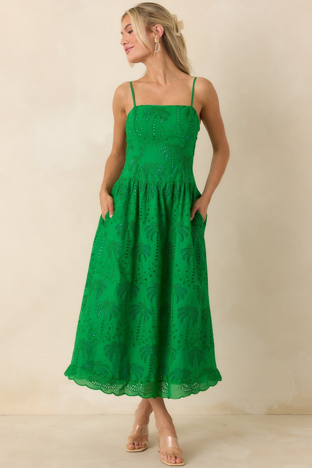 Women's This Is It Green Cotton Eyelet Sleeveless Midi Dress | 100% Cotton 4