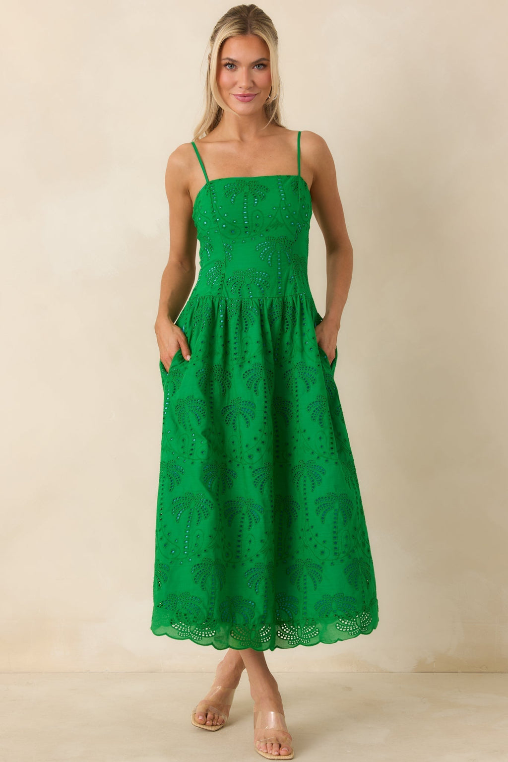 Women's This Is It Green Cotton Eyelet Sleeveless Midi Dress | 100% Cotton 5