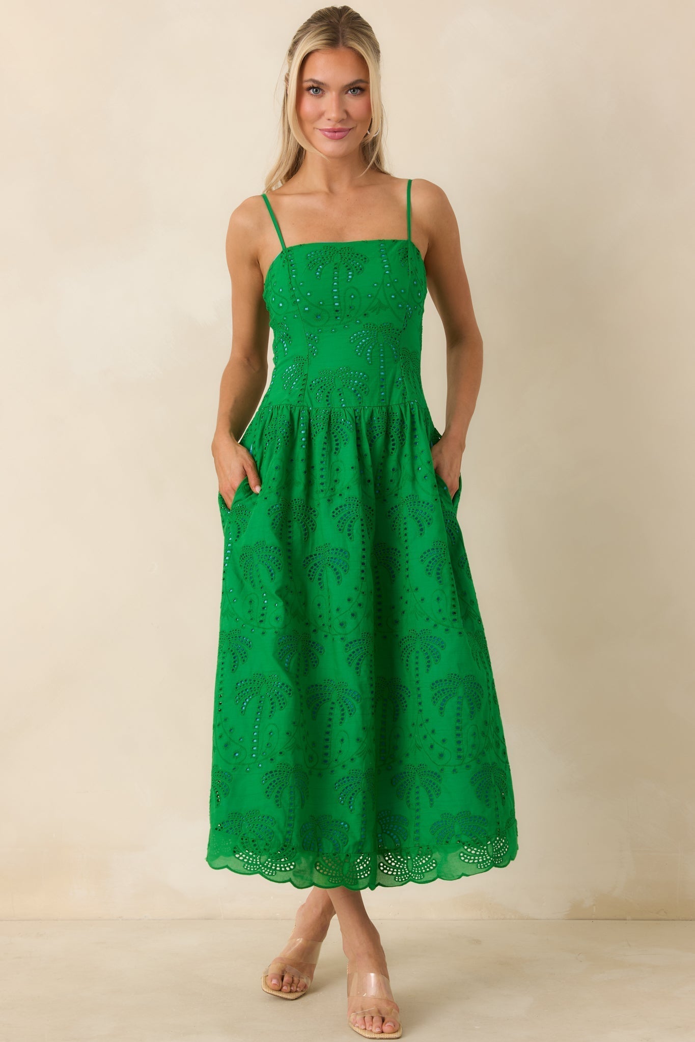 Women's This Is It Green Cotton Eyelet Sleeveless Midi Dress | 100% Cotton 5
