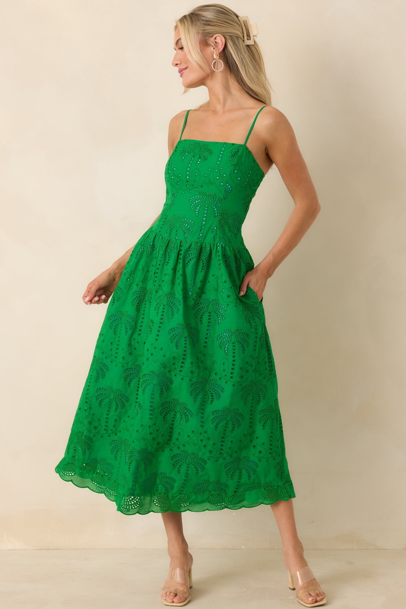 Women's This Is It Green Cotton Eyelet Sleeveless Midi Dress | 100% Cotton 6
