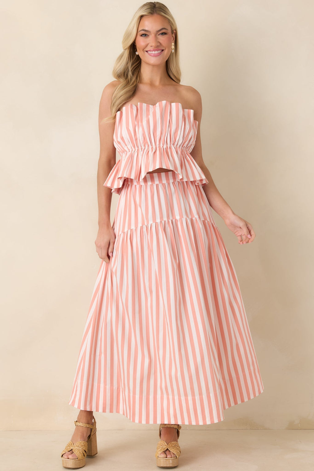 Women's Tide & True Coral Orange Stripe Ruffle Bandeau Top | 72% Cotton 2