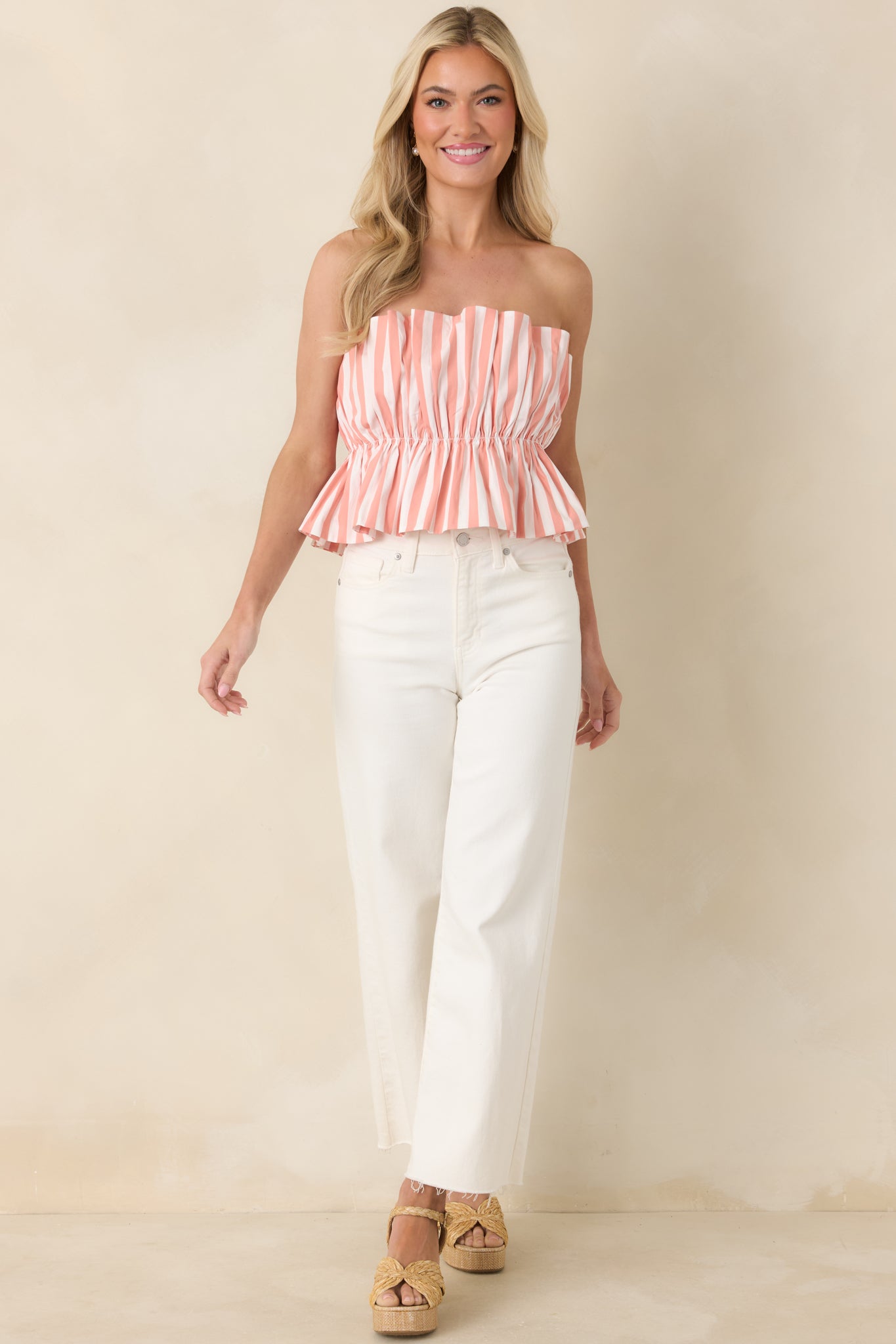 Women's Tide & True Coral Orange Stripe Ruffle Bandeau Top | 72% Cotton 3