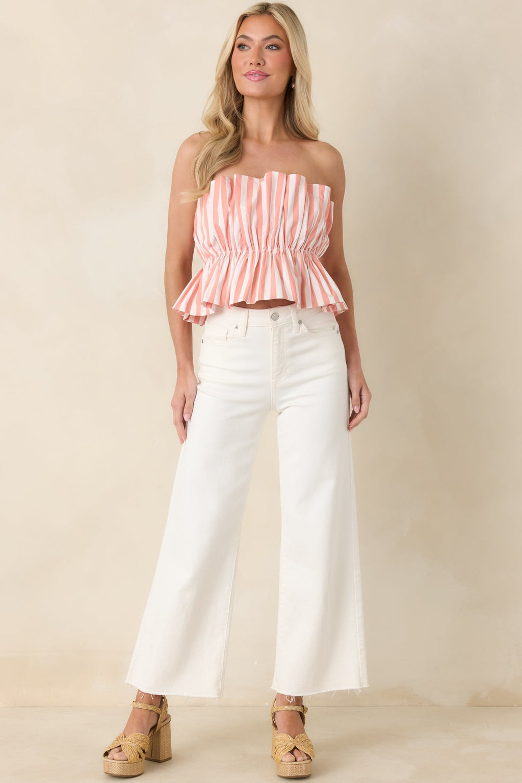 Women's Tide & True Coral Orange Stripe Ruffle Bandeau Top | 72% Cotton 4