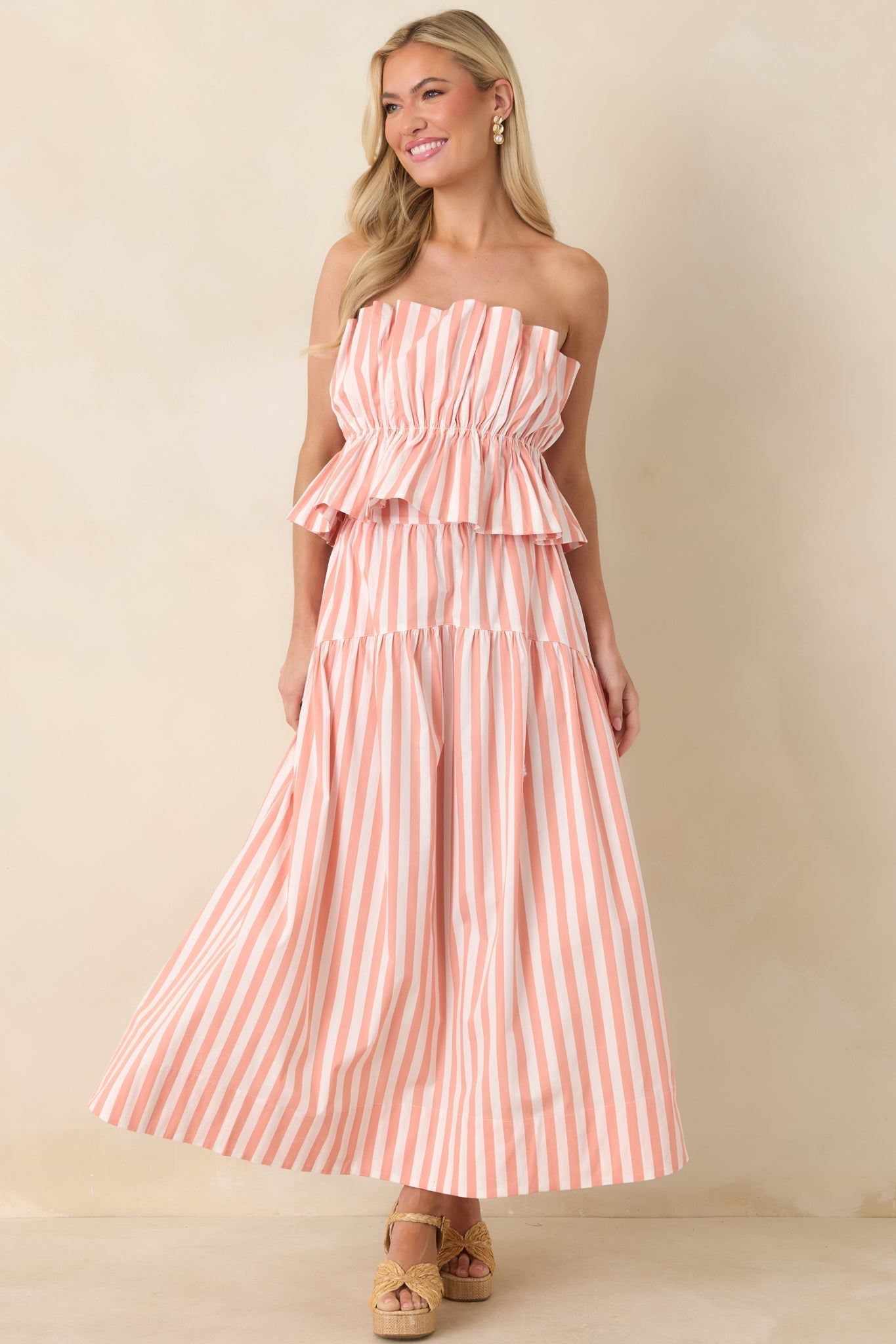 Women's Tide & True Coral Orange Stripe Tiered Maxi Skirt | 72% Cotton 1