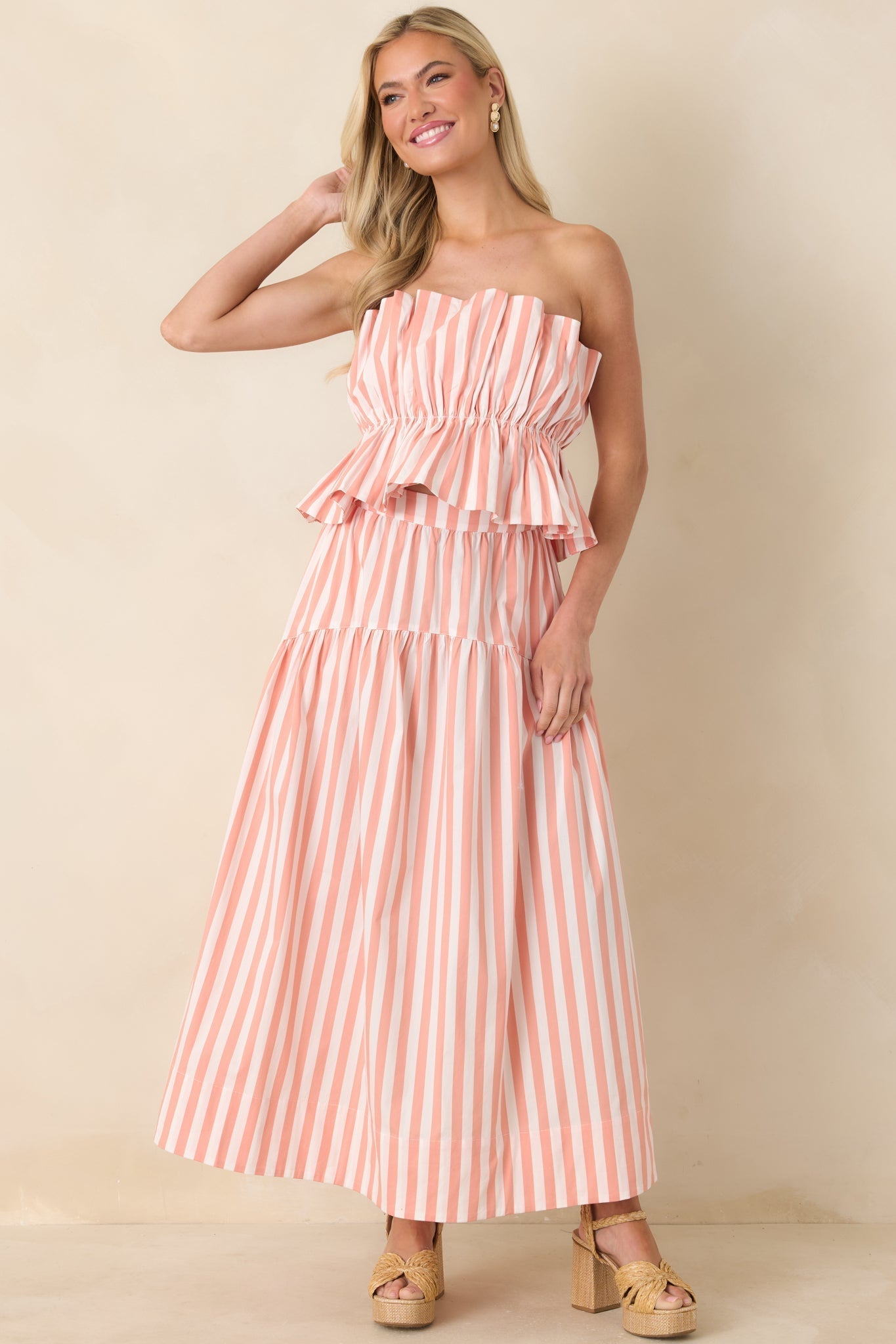 Women's Tide & True Coral Orange Stripe Tiered Maxi Skirt | 72% Cotton 2
