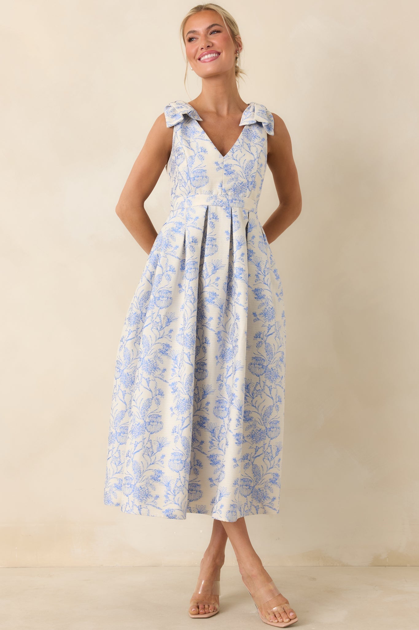 Women's Tie It Up Pretty Blue Floral Bow Strap Midi Dress | 100% Polyester 0