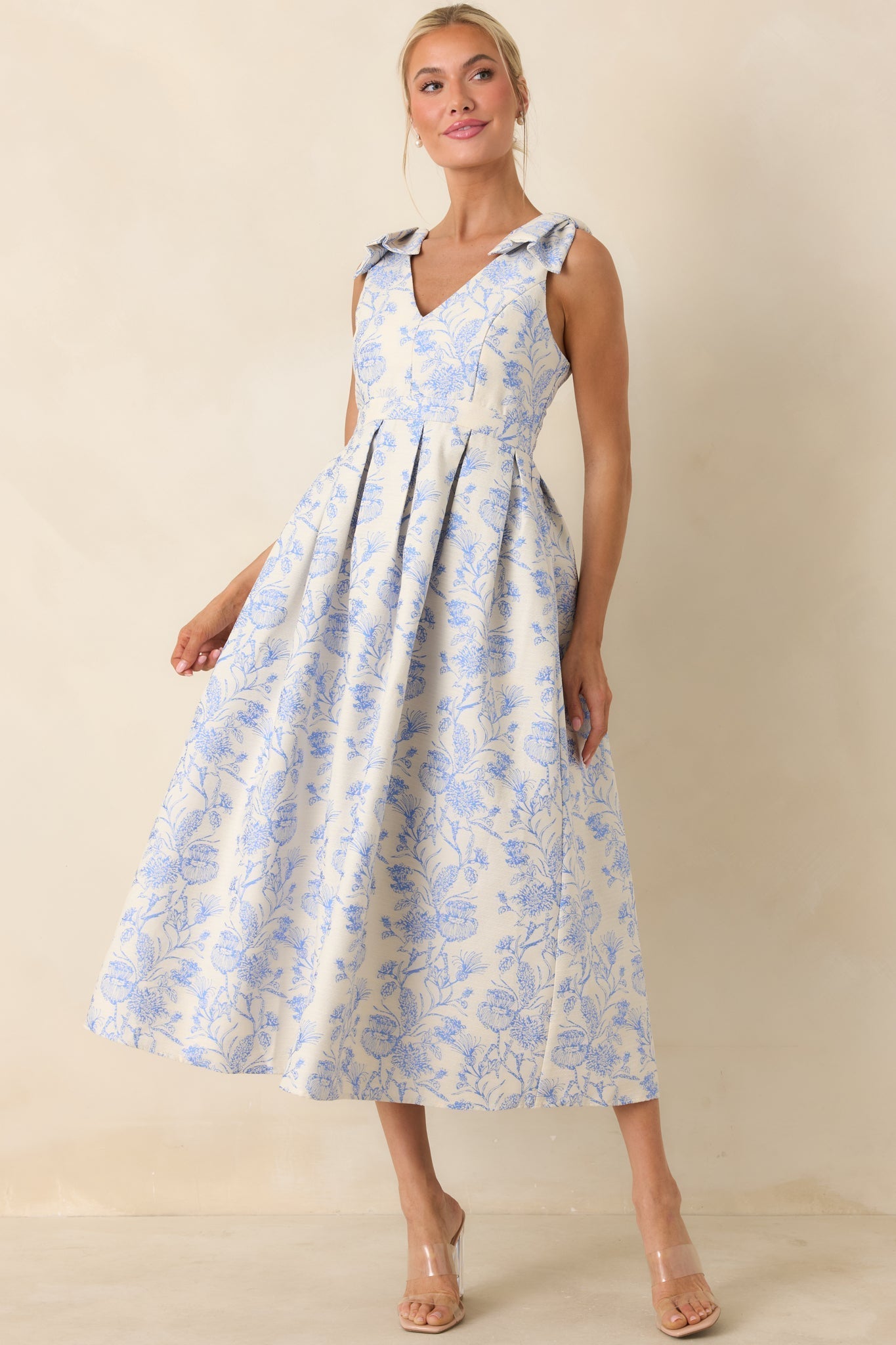 Women's Tie It Up Pretty Blue Floral Bow Strap Midi Dress | 100% Polyester 3