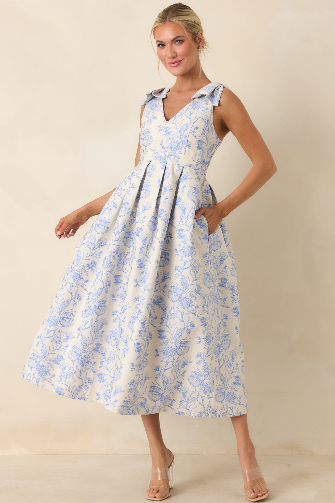 Women's Tie It Up Pretty Blue Floral Bow Strap Midi Dress | 100% Polyester 4