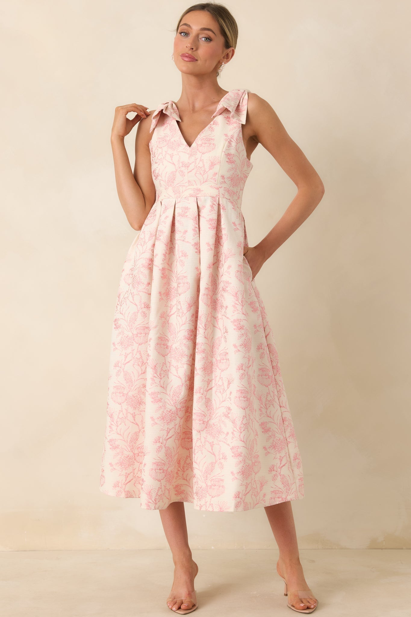 Women's Tie It Up Pretty Pink Floral Bow Strap Midi Dress | 100% Polyester 0