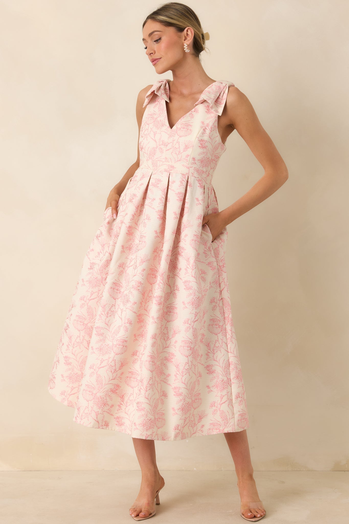 Women's Tie It Up Pretty Pink Floral Bow Strap Midi Dress | 100% Polyester 2