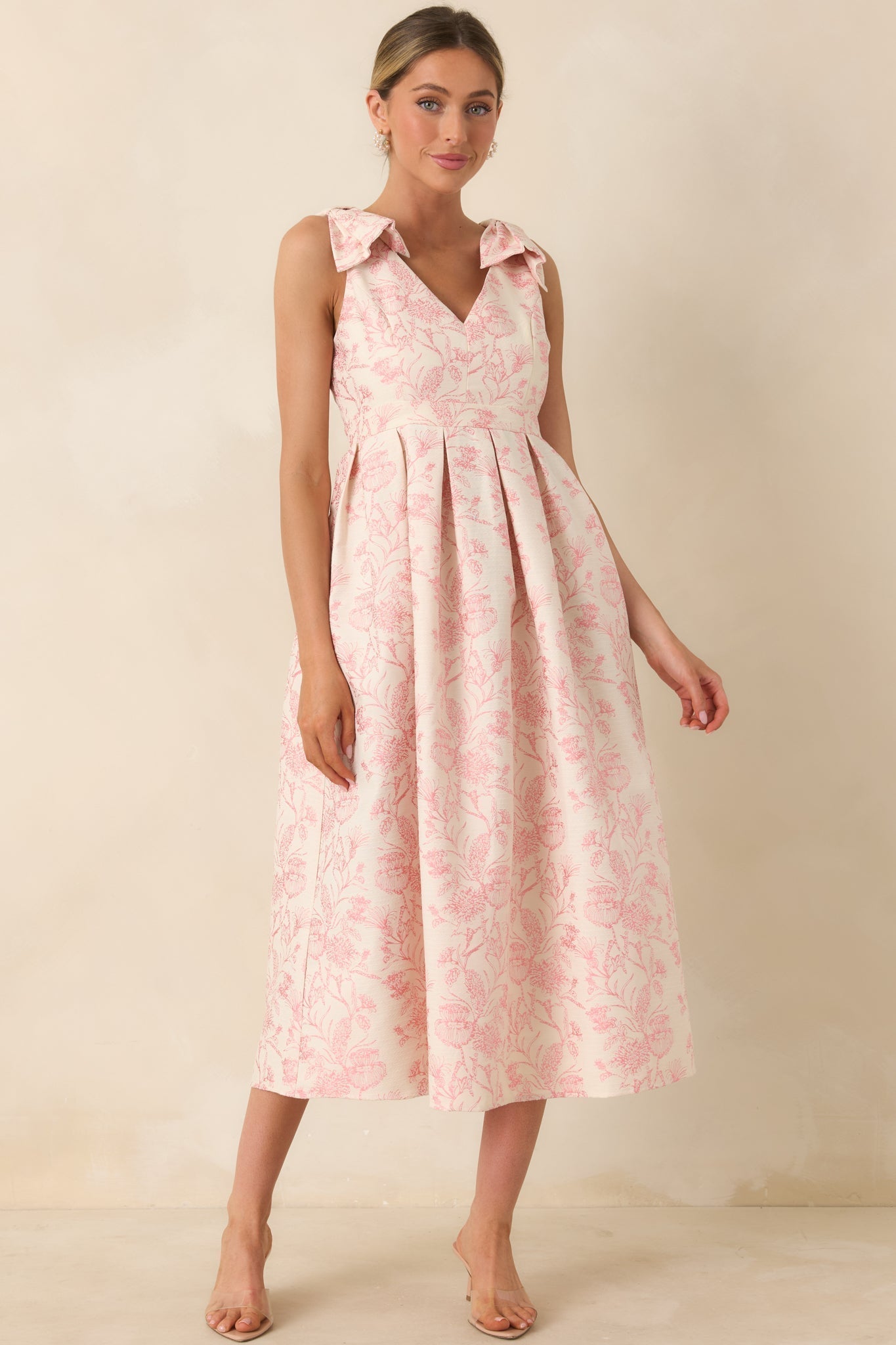 Women's Tie It Up Pretty Pink Floral Bow Strap Midi Dress | 100% Polyester 3