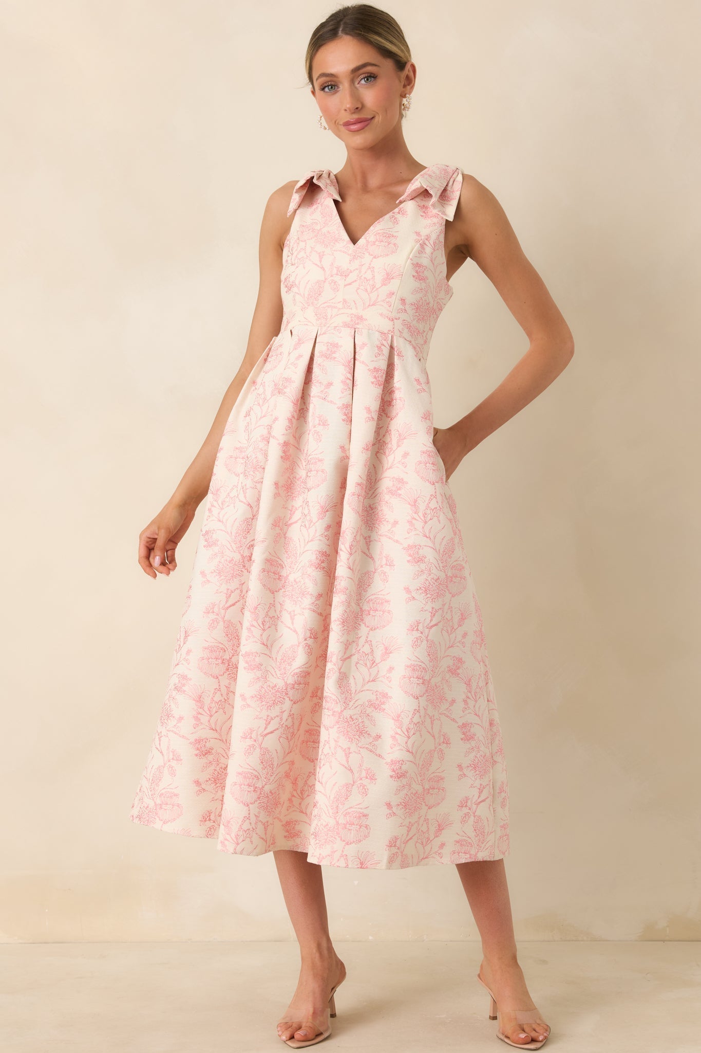 Women's Tie It Up Pretty Pink Floral Bow Strap Midi Dress | 100% Polyester 4