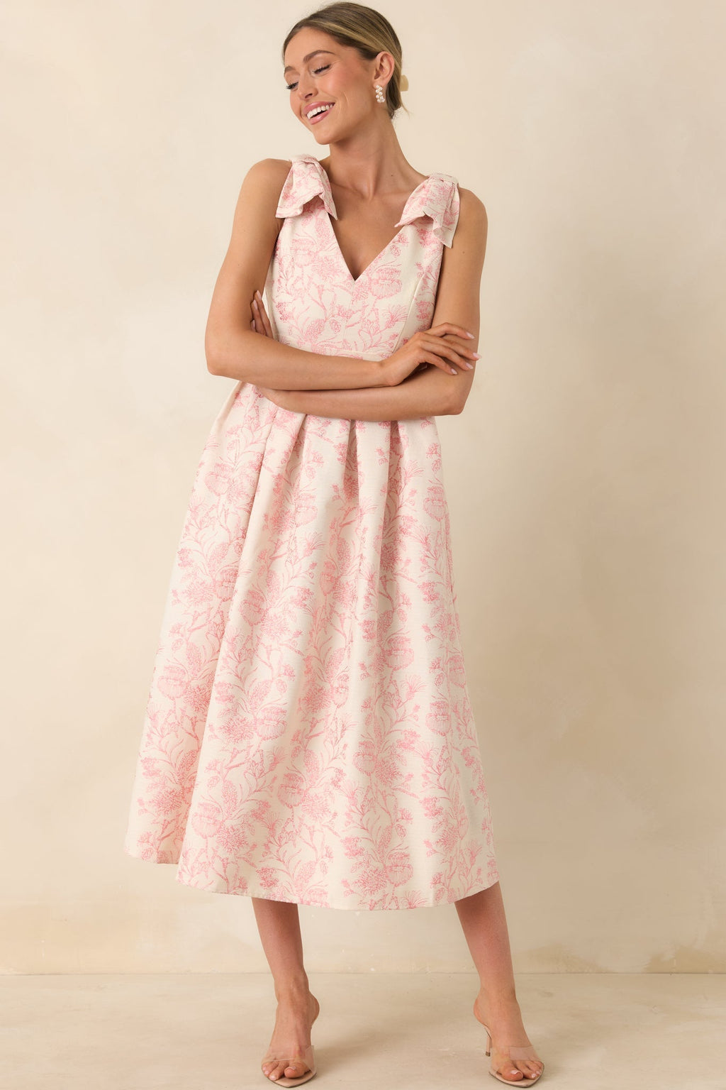 Women's Tie It Up Pretty Pink Floral Bow Strap Midi Dress | 100% Polyester 5