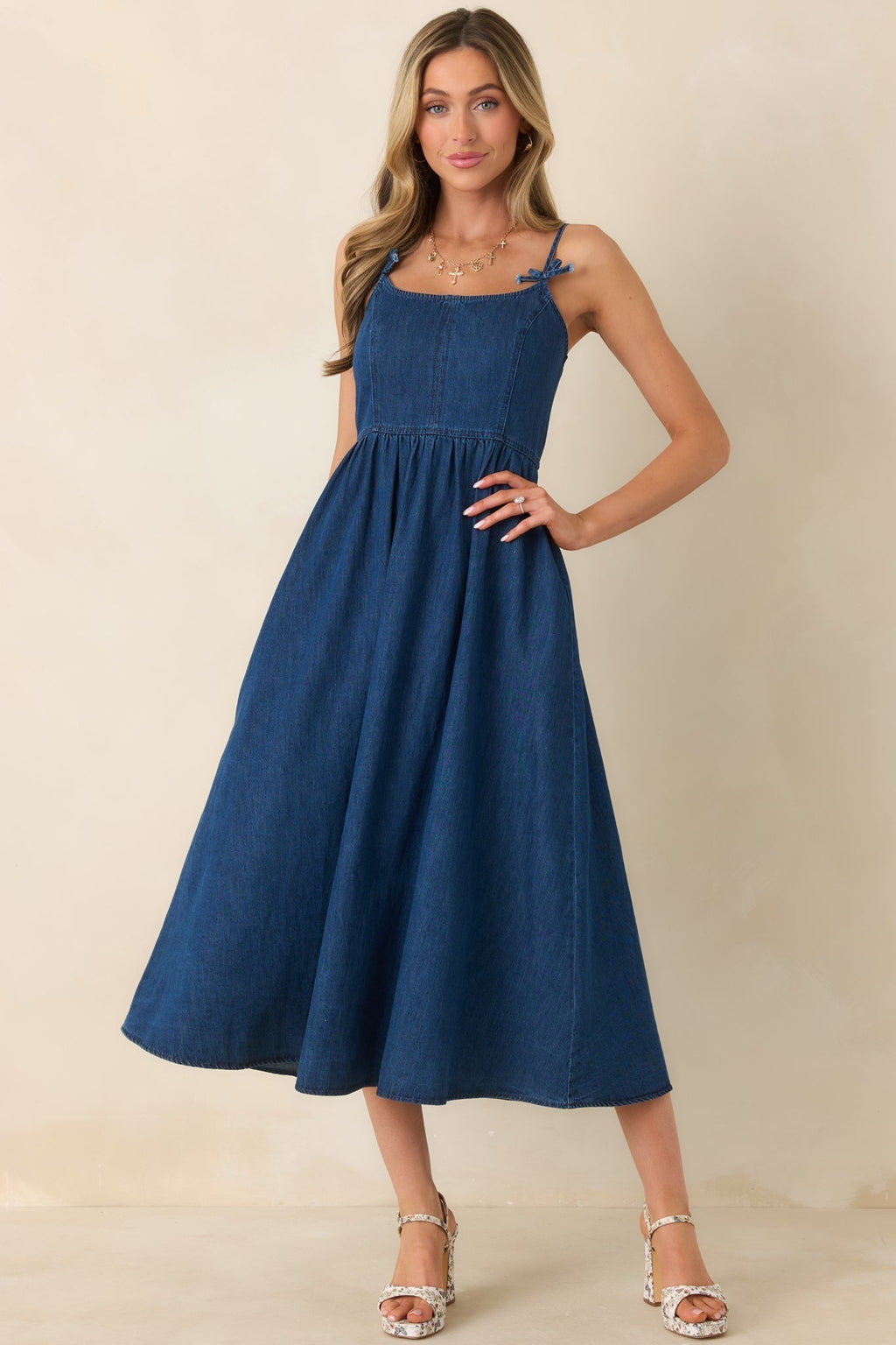 Women's Tied at Twilight Dark Wash Bow Strap Detail Cotton Midi Dress | 100% Cotton 3