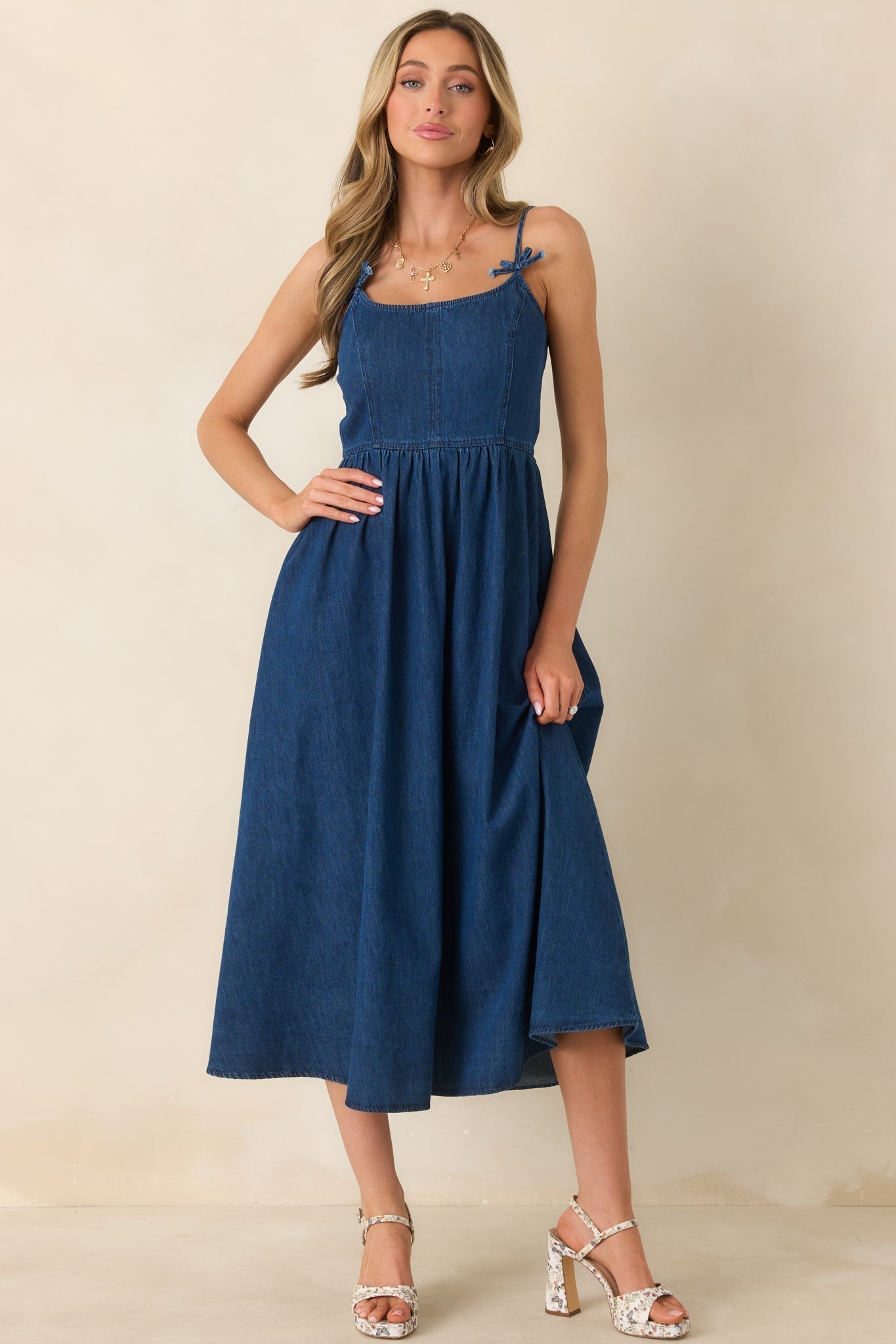 Women's Tied at Twilight Dark Wash Bow Strap Detail Cotton Midi Dress | 100% Cotton 4