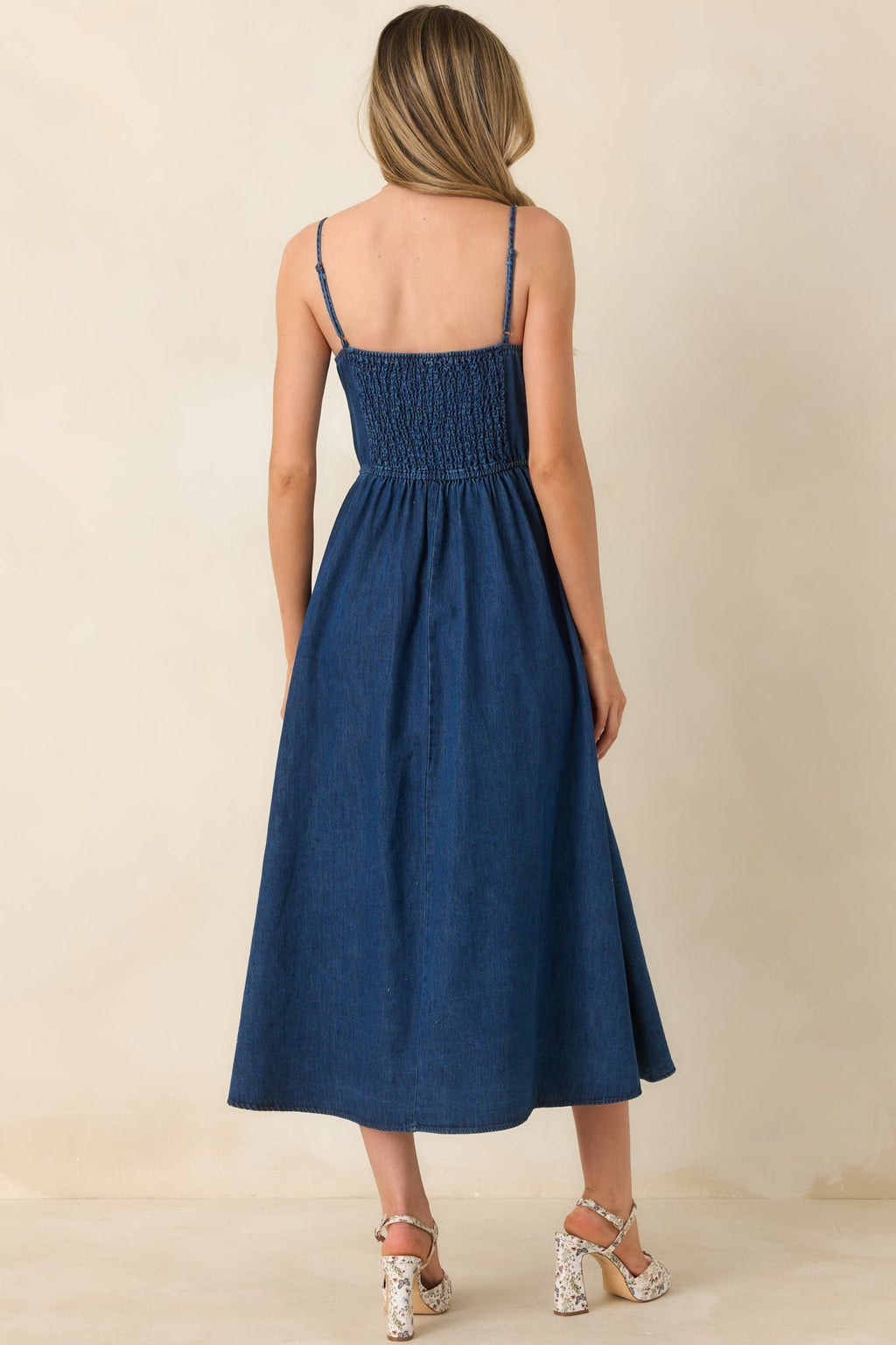 Women's Tied at Twilight Dark Wash Bow Strap Detail Cotton Midi Dress | 100% Cotton 5